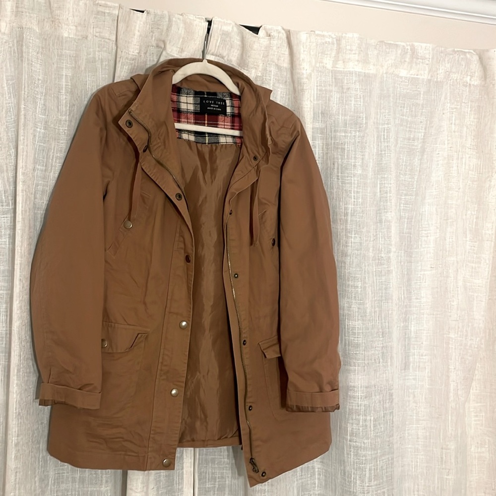 Tan Jacket w/ Plaid Hood and Drawstring Waist